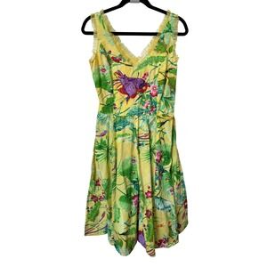 Vintage Rene Derhy Collection Yellow Tropical Bird Beaded Cotton Dress Womens M